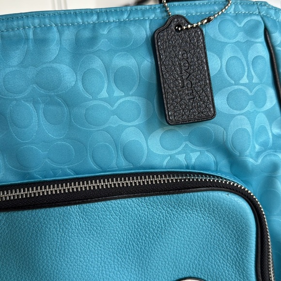 COACH Court Tote Bag Signature C Nylon Pebbled Leather With Patch Blue Black - Picture 13 of 16